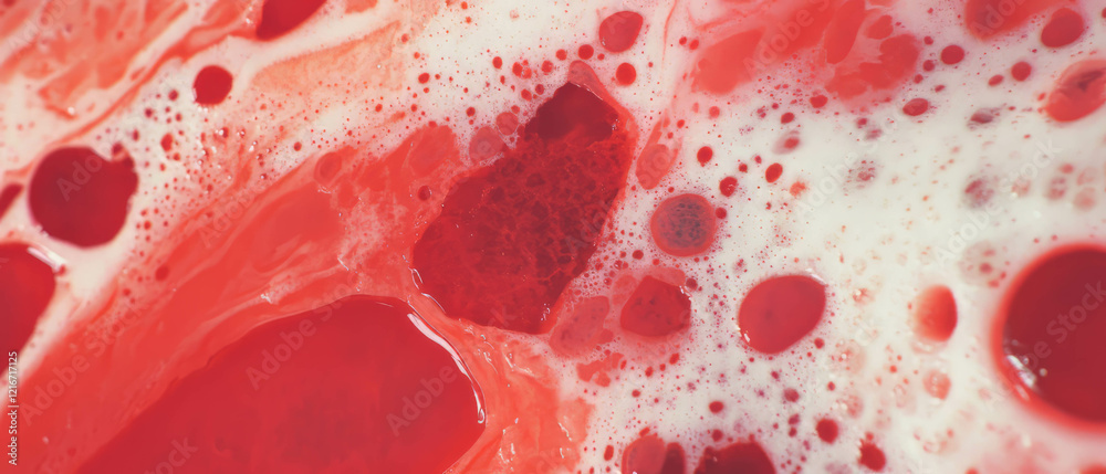 Poster exploring vibrant ink textures created with sponge and contrasting red shapes