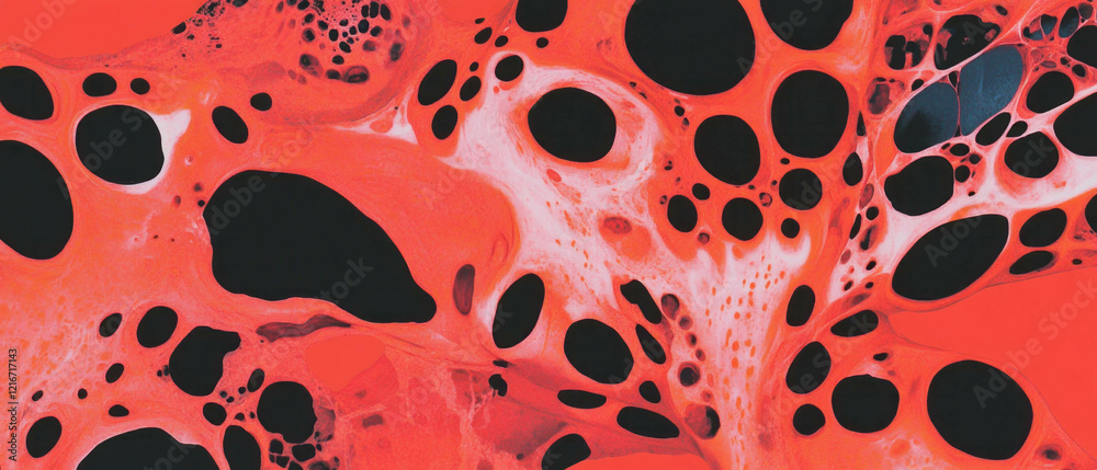 Poster Unique ink texture created with sponge technique featuring bright red shapes and patterns