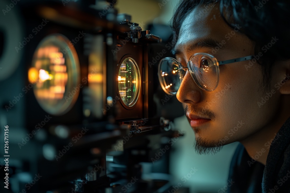 Poster enthusiastic individual examines intricate machinery in a dimly lit workshop setting during the even