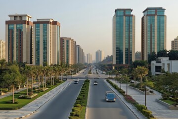 Obraz premium Cityscape showcasing modern high-rise buildings along a tree-lined boulevard during morning light