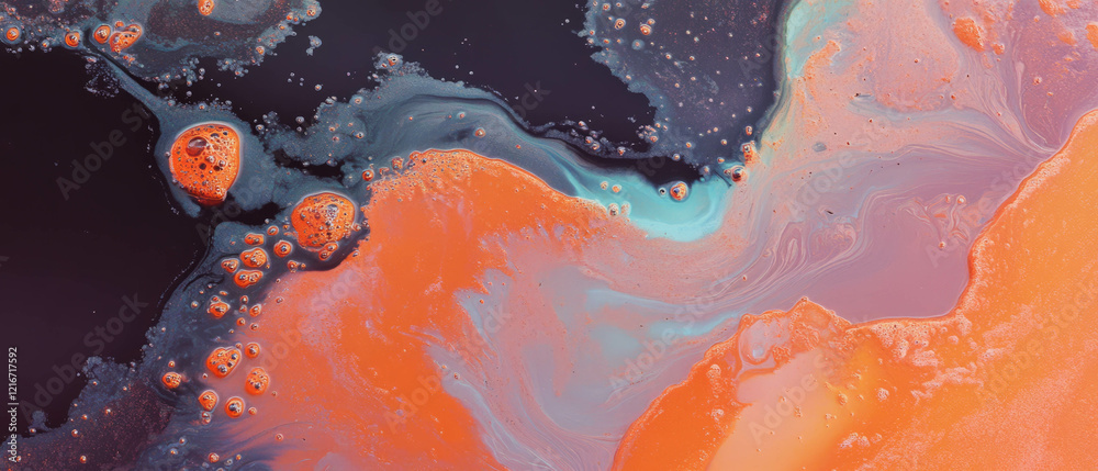 Poster exploring the unique blend of ink and oil textures with repelling effects in vibrant hues