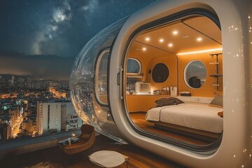 Fototapeta premium Modern capsule hotel room with panoramic city view at night in a vibrant metropolitan area