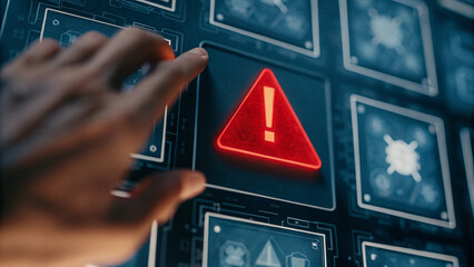 Warning alert icon with a hacked system. malicious software, virus, spyware, malware, or cyberattacks on computer networks. Security on the internet and online scam. Digital data is being compromised.