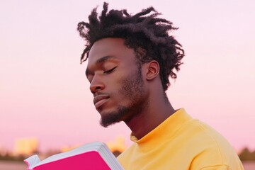 Mindful Sunset Reflections Black Man in Urban Park with Notebook - Contemporary Portrait for Personal Well-being and Digital Detox Content