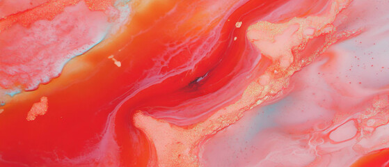 Ink and water blend creates vibrant red shapes with soft effects and flowing texture