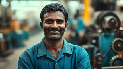 A smiling, handsome young Indian male factory worker wearing a blue uniform