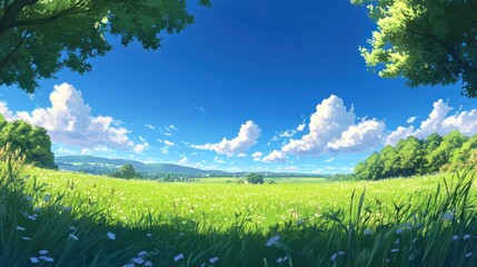 Sunny meadow landscape, idyllic summer day, green field, blue sky, nature background, perfect for game design