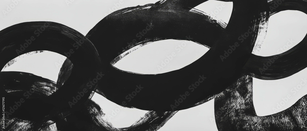 Poster interlocking black ink circles on stark white background create striking visual texture