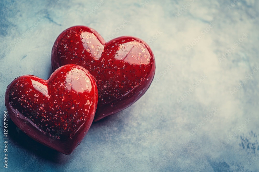 Aufkleber two glossy red heart-shaped candies placed on a textured blue surface create a romantic and whimsica