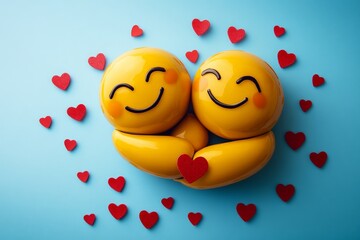 Fototapeta premium Two cheerful yellow emoji figures hugging with red hearts on a light blue background for a romantic theme celebration