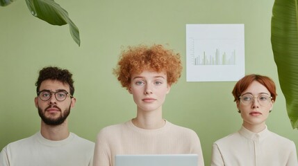 Minimalist Green Workspace Young Diverse Team in a Modern Eco-Friendly Office with Tech Integration for Dynamic Startup Collaboration