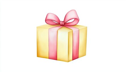 Obraz premium A beautifully wrapped yellow gift box with a pink ribbon, symbolizing celebration and surprise in a minimalist setting