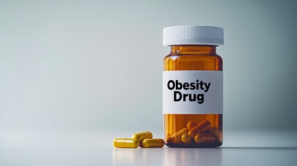 Close-up of partially opened prescription pill bottle labeled "Obesity Drug" with visible pills inside, symbolizing the start of a weight management treatment journey on a clean white background.