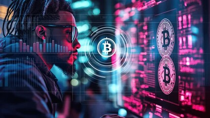 A man managing his digital currency portfolio using a holographic interface, futuristic cityscape background,