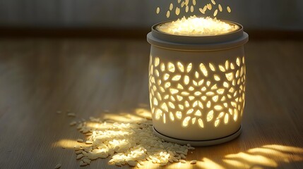Illuminated ceramic aroma diffuser with rice grains, home interior, warm light