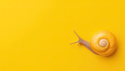 Close-up of a vibrant yellow snail on a bright yellow background, emphasizing its unique shell and texture