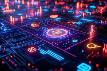 Fototapeta premium Abstract glowing circuit board with digital icons, data flow concept, Generated AI