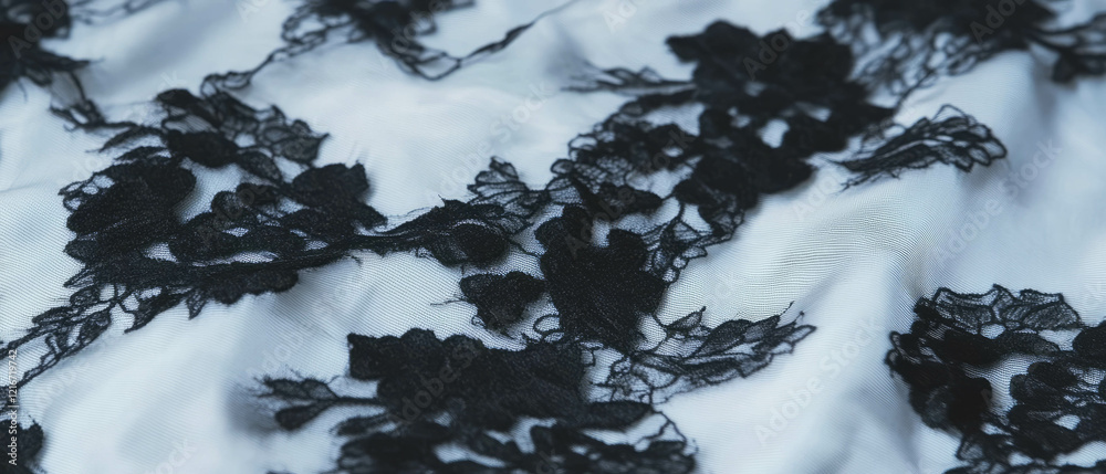 Poster intricate lace-like black ink patterns on a glossy white background create a striking texture