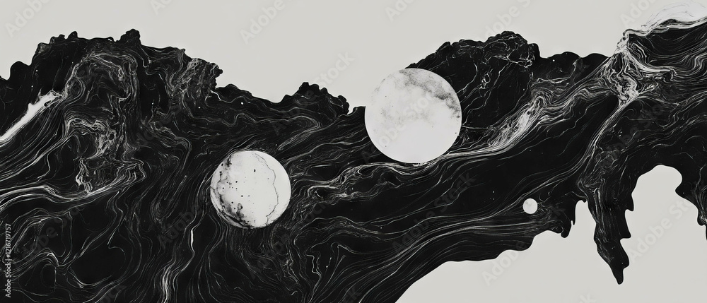 Poster intricate black ink patterns resembling lace against a glossy white background