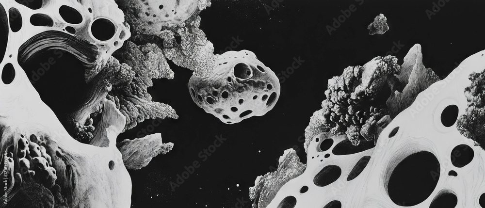 Poster intricate black ink patterns on a glossy white background evoke lace-like textures