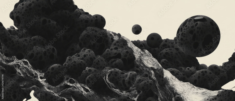 Poster intricate black ink patterns over glossy white background showcasing lace-like texture