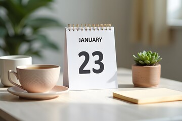 A calendar page flipping to January 23, set in a cozy desk scene.