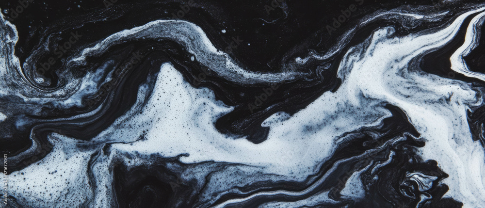 Poster Swirling black ink patterns on white background create an elegant textured composition