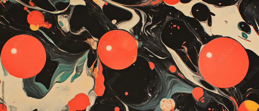 Poster Marbled ink patterns with swirling colors and bright red shapes create dynamic visual interest