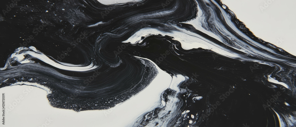 Poster Marbled black ink patterns swirling against a white background creating dynamic visual depth