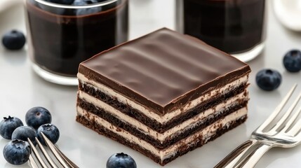 Enjoy a sleek chocolate mille feuille and mousse topped with fresh blueberries, ideal for a minimalistic dessert table