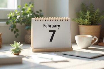 A calendar page flipping to February 7, set in a cozy desk scene.