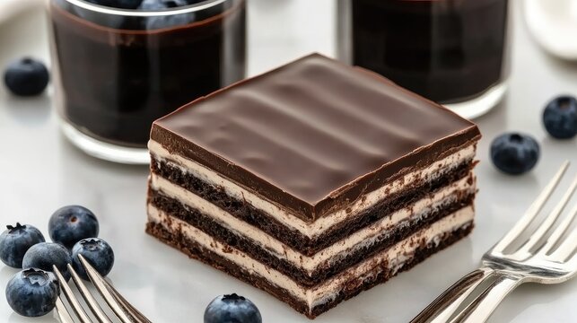 Enjoy a sleek chocolate mille feuille and mousse topped with fresh blueberries, ideal for a minimalistic dessert table