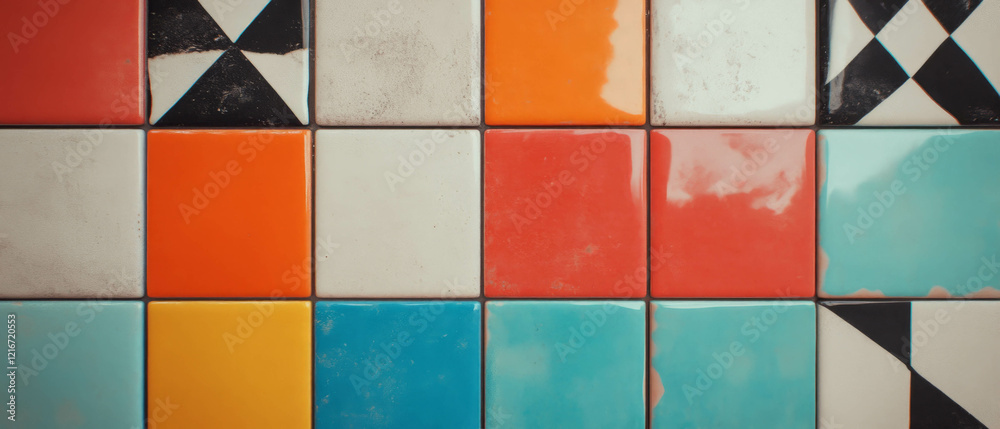 Poster Brightly colored tiles with varied patterns creating a vibrant texture display