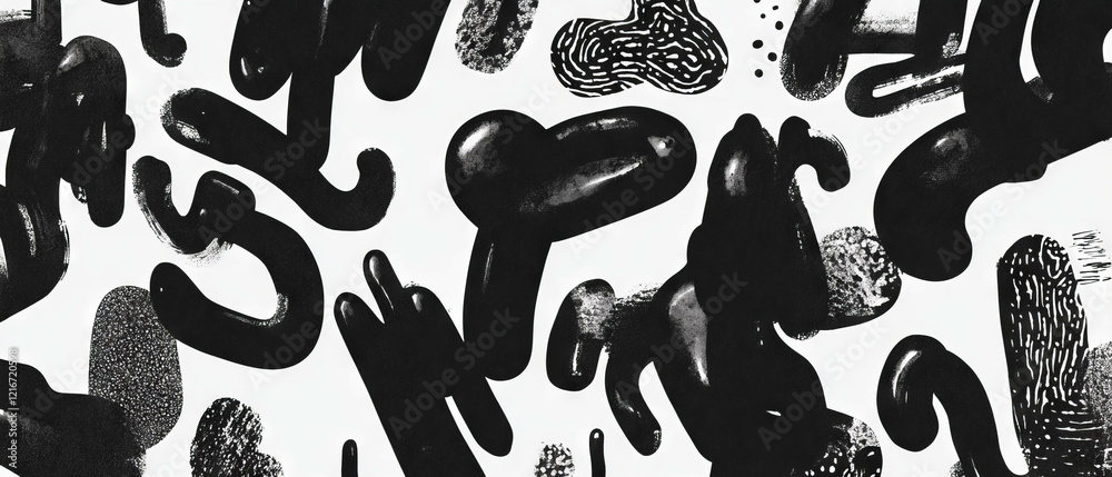 Poster Maximalist black ink patterns on textured white background creating dynamic compositions