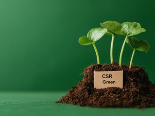 Eco-Centric Growth Graphic Sustainable Plant Seedlings on Recycled Document Tagged CSR and Green - Corporate Environmental Strategy and Eco-Friendly Branding Visual