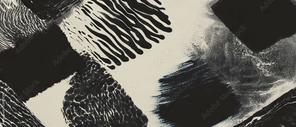 Aufkleber Exploring monochromatic ink patterns with varied textures and shades in black and white