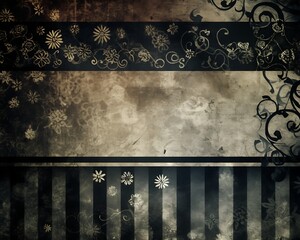 Vintage floral grunge background with stripes and ornate details.