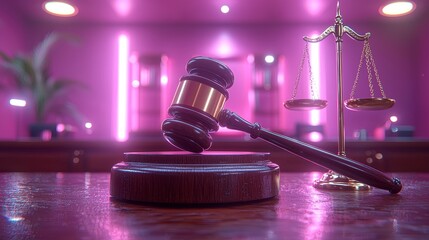 Gavel and scales of justice on a wooden table in a courtroom with pink neon lights.