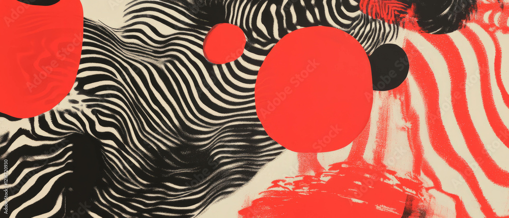 Poster Monochromatic ink patterns with bright red shapes create striking visual contrast