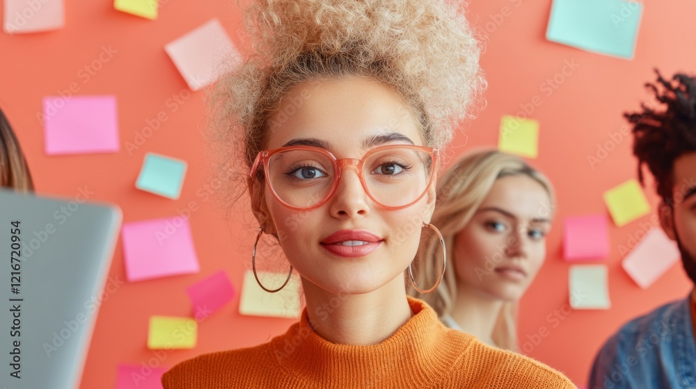 Aufkleber vibrant co-working brainstorm multi-ethnic team collaboration with sticky notes and laptops - modern
