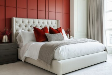 Fototapeta premium Elegant Bedroom Featuring a Plush White Bed and Red Accent Wall