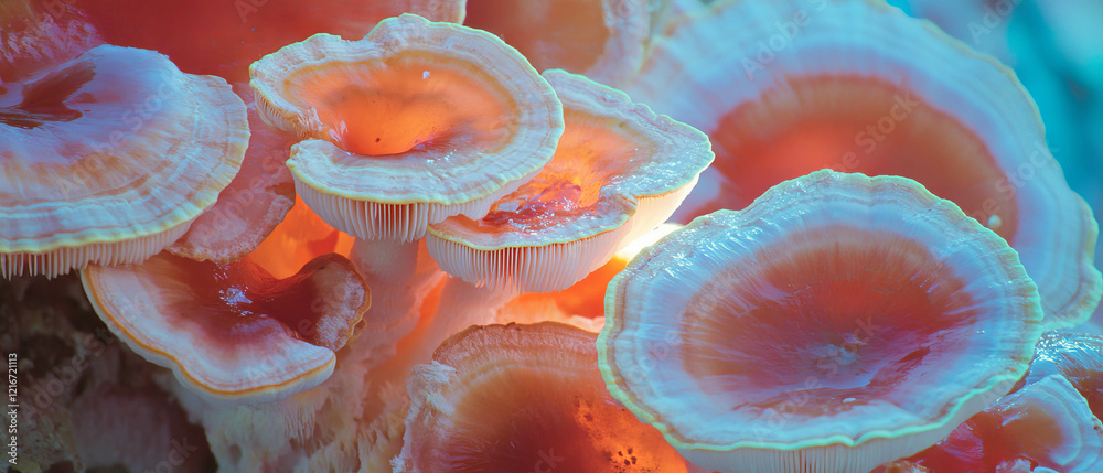 Poster varied textures and colors of mushroom caps showcasing concentric rings in natural setting