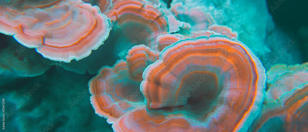 Poster exploring the intricate textures of mushroom caps with vibrant concentric rings