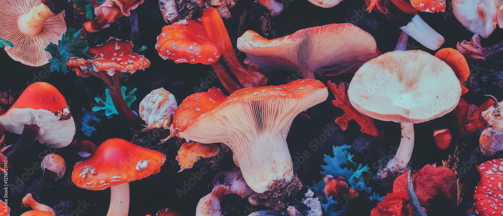 Poster mushroom clusters showcasing varied sizes and textured surfaces in vivid colors