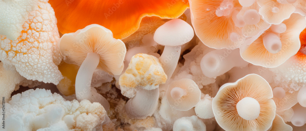 Poster cluster of diverse mushrooms showcasing unique textures and shapes in natural habitat