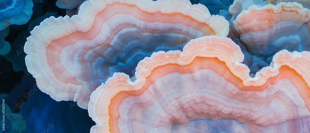 Poster Unique textures and colors of mushroom gills with radial patterns