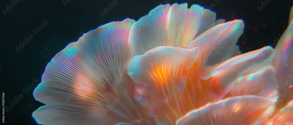 Poster Mushroom gills showcasing intricate radial patterns and vibrant color variations in nature