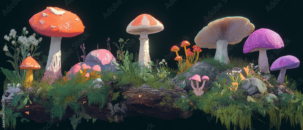 Poster vibrant mushrooms thriving on logs with varied colors and textures in a natural setting