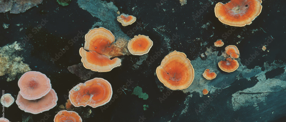Poster mushrooms growing on textured tree bark showcasing varied colors and patterns in nature