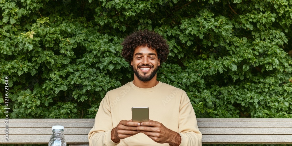 Poster eco-friendly digital finance smiling young man using mobile payment app on smartphone at park bench 
